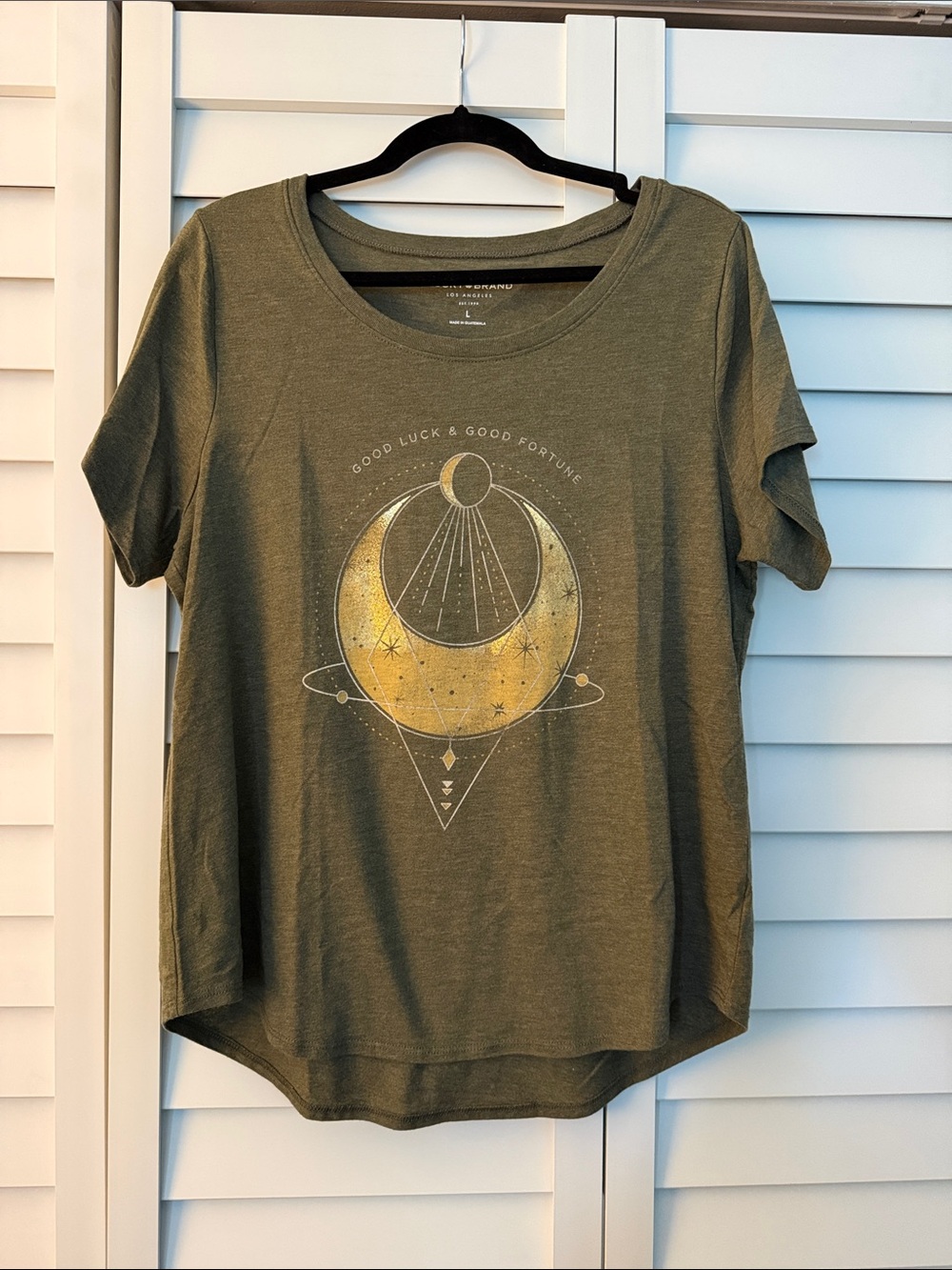 Lucky Brand Olive Green Short Sleeve Tee with Gold Moon Graphic